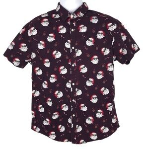 Denim & Flower Short Sleeve Santa Face Button Down Shirt Size M